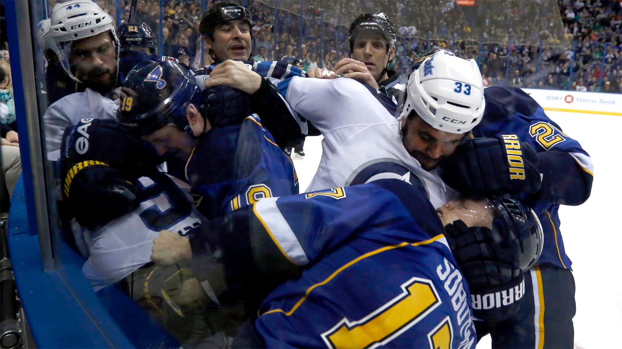 Jets, Blues game ends with line brawl, mysterious goal that is