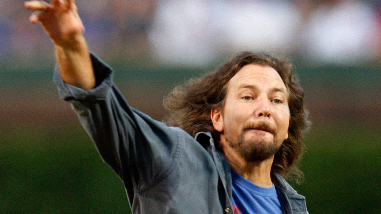 Pearl Jam's Eddie Vedder goes to bat for the Chicago Cubs