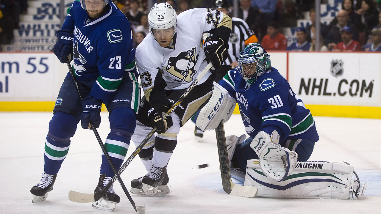 Ryan-Miller;-Steve-Downie;-Alex-Edler;-Vancouver-Canucks;-Pittsburgh-Penguins