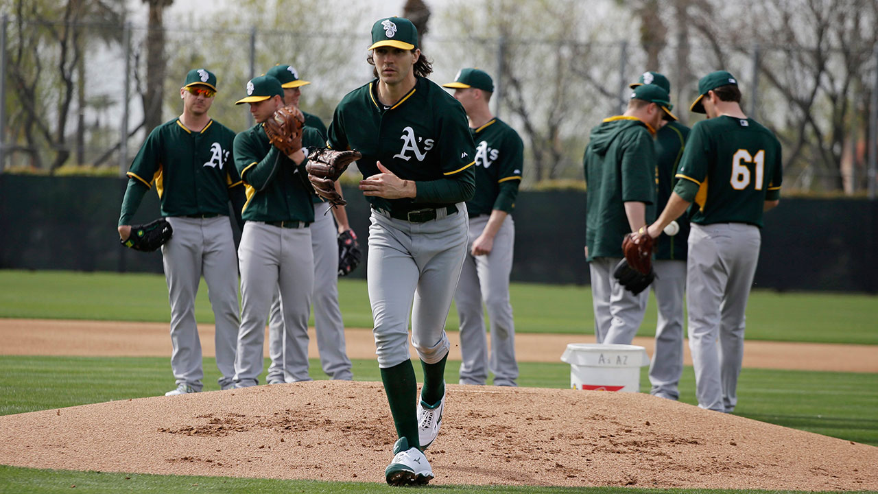 Oakland Athletics pitcher Barry Zito looks at the scoreboard after