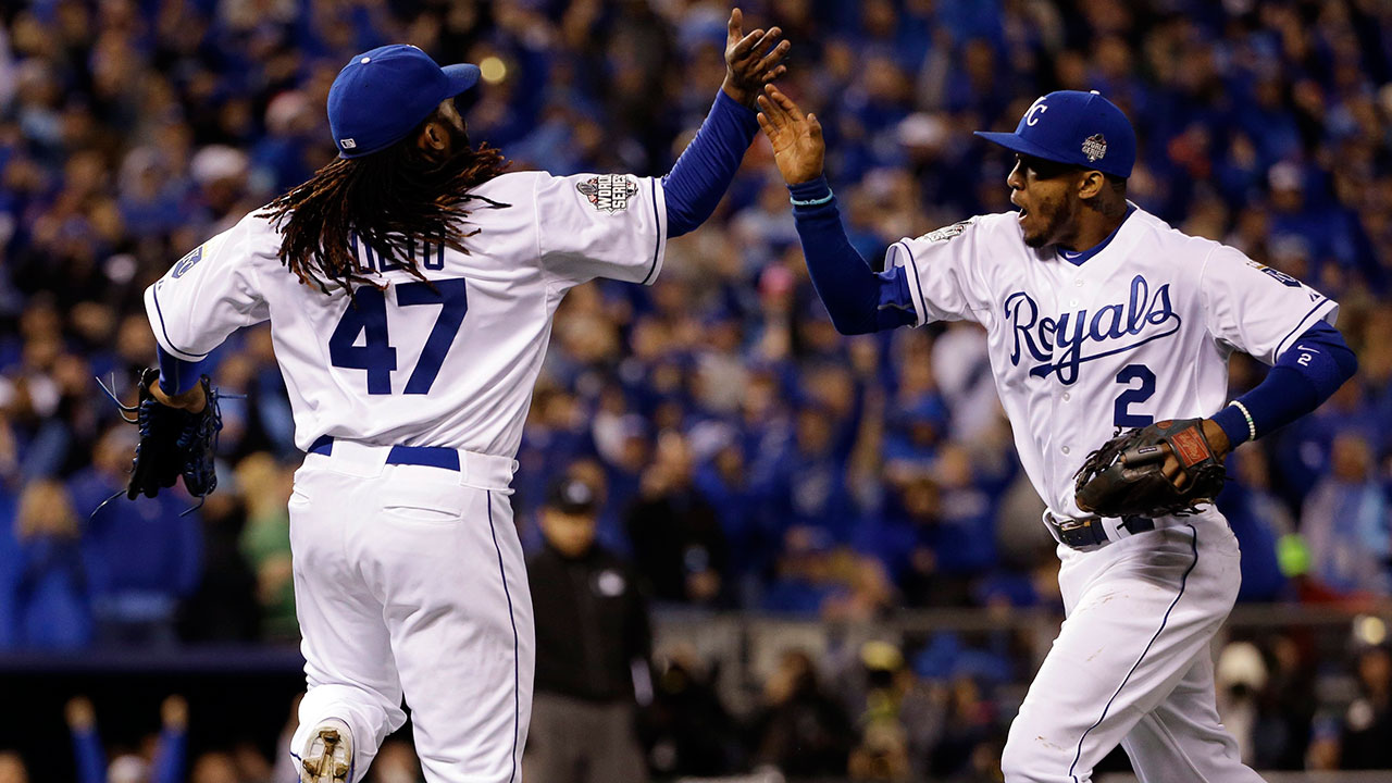 Kansas City Royals' Paulo Orlando (16) celebrates following his two-run  home run during the eighth inning of a baseball game against the Boston Red  Sox at Kauffman Stadium in Kansas City, Mo.