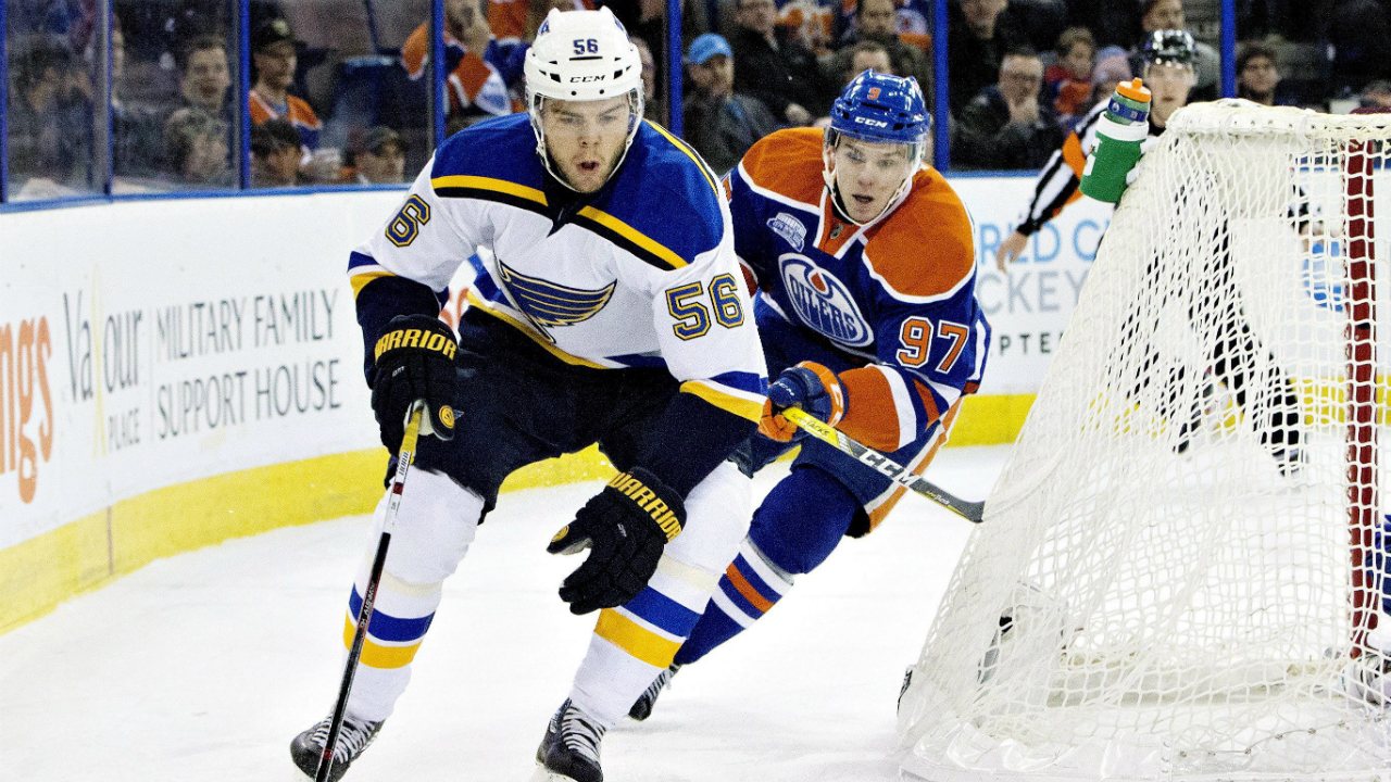 St.-Louis-Blues-'-Magnus-Paajarvi-(56)-is-chased-by-Edmonton-Oilers'-Connor-McDavid-(97)-during-first-period-NHL-action-in-Edmonton,-Alta.,-on-Wednesday-March-16,-2016.-THE-CANADIAN-PRESS/Jason-Franson