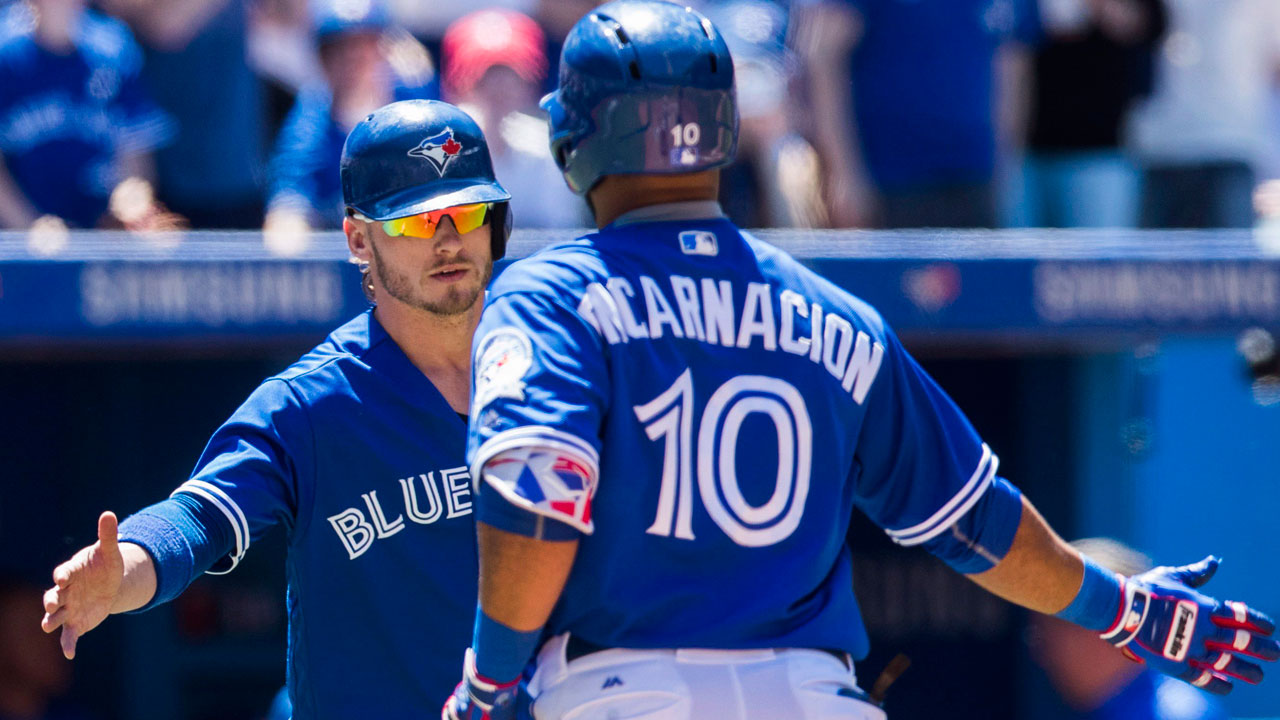 Edwin Encarnacion crashed the Blue Jays dugout in full uniform