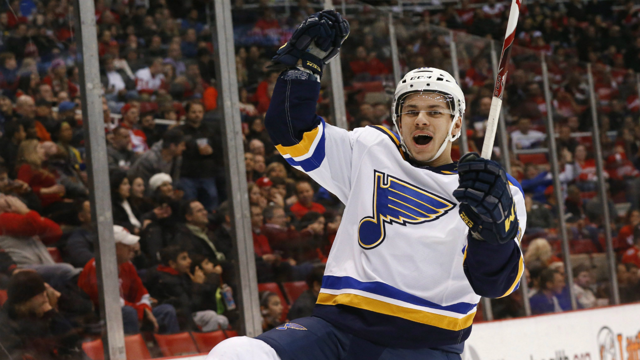 St.-Louis-Blues-right-wing-Ty-Rattie-celebrates-his-goal-against-the-Detroit-Red-Wings-during-the-first-period-of-an-NHL-hockey-game-Wednesday,-Jan.-20,-2016-in-Detroit.-(AP-Photo/Paul-Sancya)