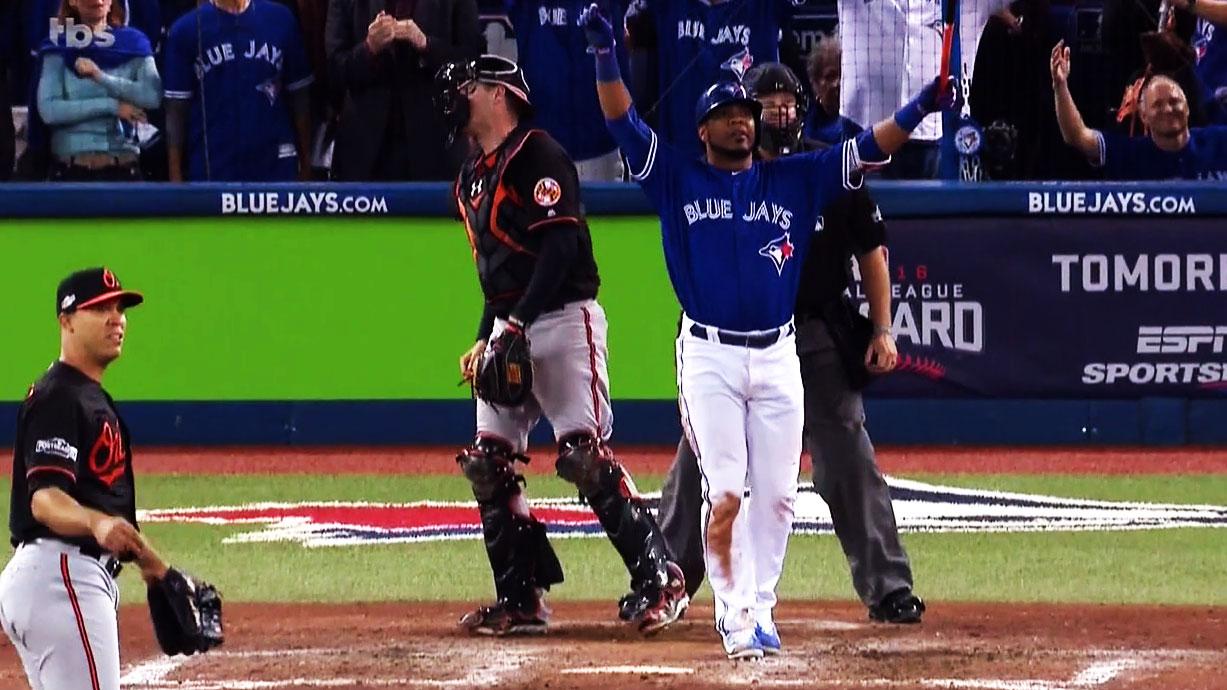 Toronto Blue Jays' Edwin Encarnacion reacts after hitting walk off