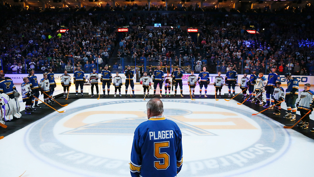 Original St. Louis Blues player Bob Plager (5) attends player introductions before the home-opener between Blues and the Minnesota Wild on Thursday, Oct. 13, 2016, at the Scottrade Center in St. Louis. (Chris Lee/St. Louis Post-Diespatch via AP)