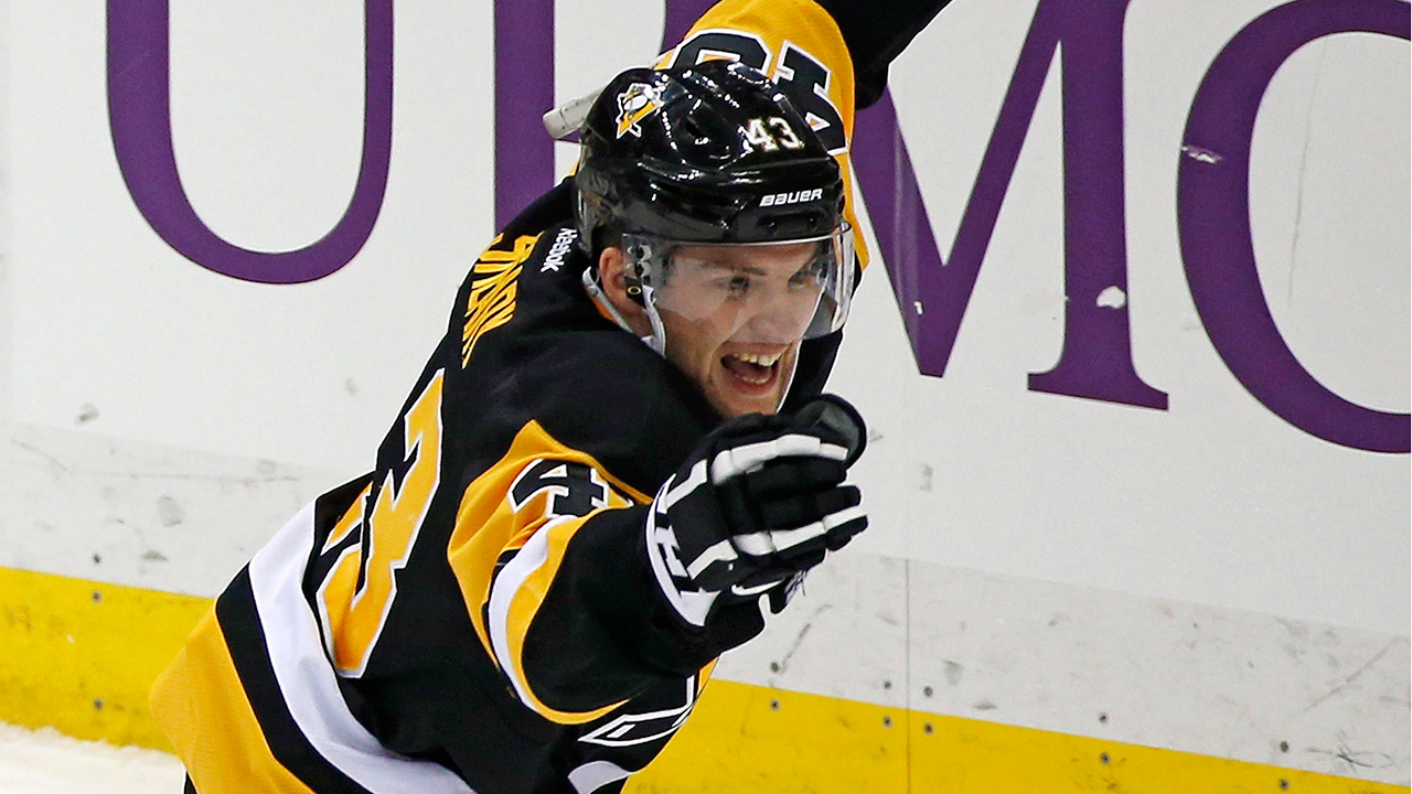 Pittsburgh Penguins' Conor Sheary celebrates his game-tying goal. (Gene J. Puskar/AP)