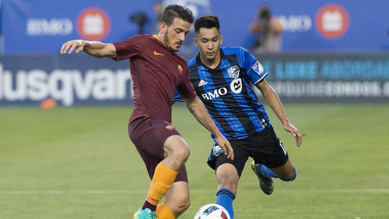 Montreal-Impact's-David-Choiniere,-right,-challenges-A.S.-Roma's-Alessandro-Florenzi-during-first-half-friendly-soccer-action-in-Montreal,-Wednesday,-August-3,-2016.-If-there-are-younger-players-ready-to-earn-playing-time-on-the-veteran-Montreal-Impact-squad,-it-would-be-teenage-midfielders-Ballou-Jean-Yves-Tabla-and-Choiniere.-(Graham-Hughes/CP)