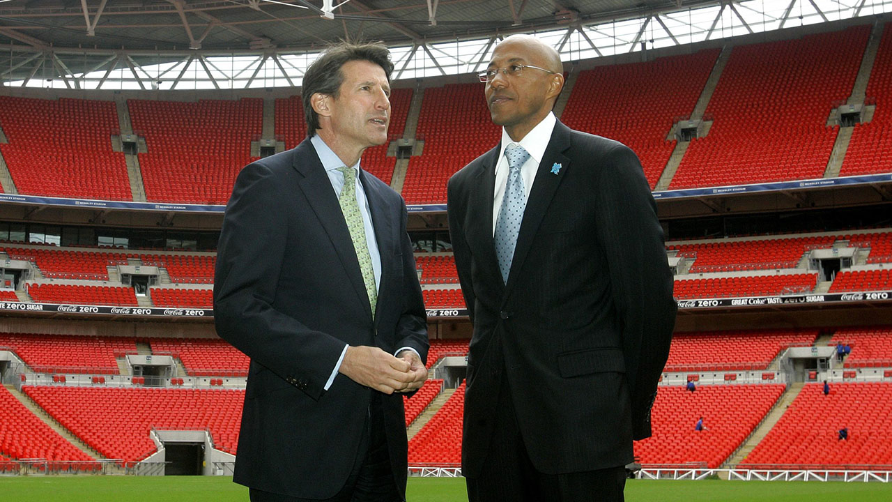 This-is-a-Tuesday,-May-20,-2008-file-photo-of-Namibian-former-athlete-Frank-Fredericks,-right,-as-he-takes-a-look-on-the-Wembley-Pitch-with-Sebastian-Coe.-(Kirsty-Wigglesworth,-File/AP)