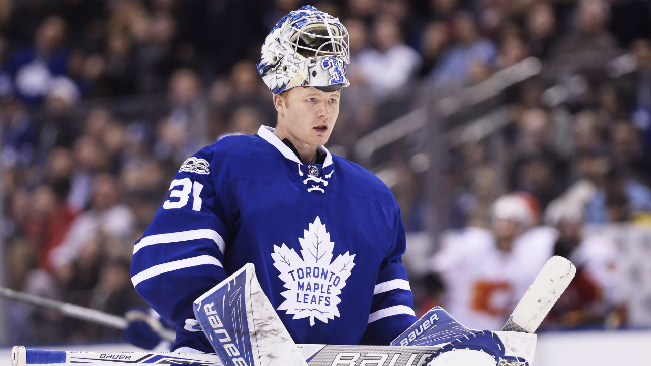 Leafs goalie Frederik Andersen leaves game after taking hit to head