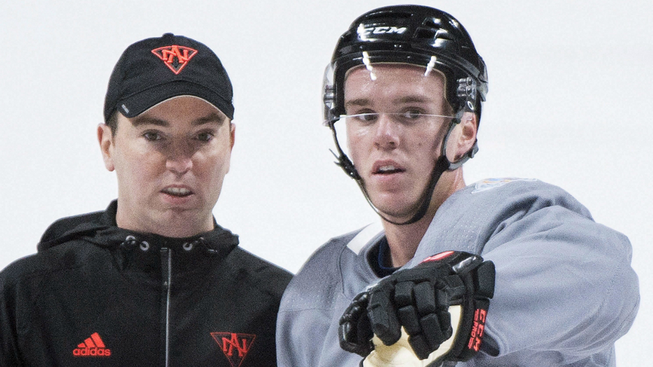 Team-North-America-player-Connor-McDavid,-right,-talks-with-assistant-coach-Jay-Woodcroft-during-training-camp-in-Montreal,-Monday,-September-5,-2016,-ahead-of-the-2016-World-Cup-of-Hockey-competition.-(Graham-Hughes/CP)