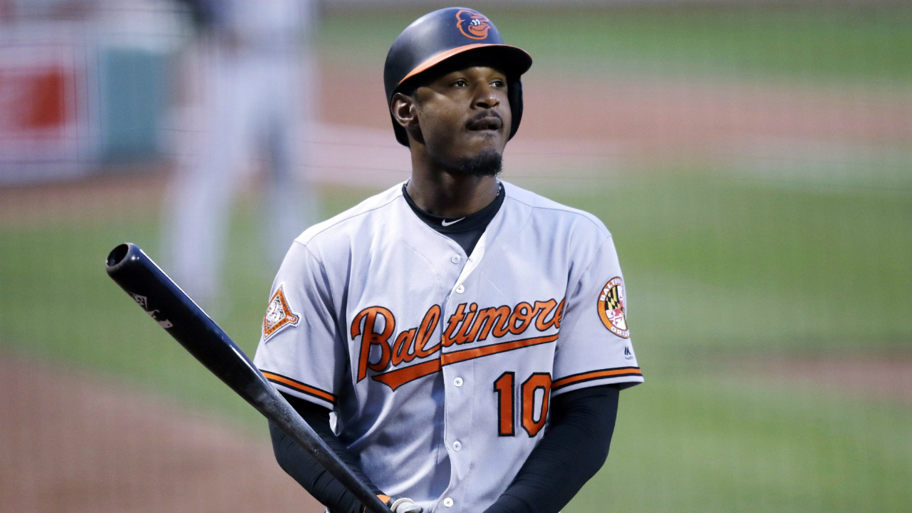 In-this-May-1,-2017,-file-photo,-Baltimore-Orioles'-Adam-Jones-prepares-to-bat-during-the-first-inning-of-a-baseball-game-against-the-Boston-Red-Sox-at-Fenway-Park-in-Boston.-Jones-says-the-widely-condemned-racial-insult-hurled-at-him-at-Fenway-Park-illustrates-the-need-for-dialogue-about-race-and-for-fans-to-police-each-other.-Jones-spoke-Saturday,-May-13,-2017,-at-the-Negro-Leagues-Baseball-Museum-in-Kansas-City-while-his-team-plays-a-series-with-the-Royals.-(Charles-Krupa,-File/AP)