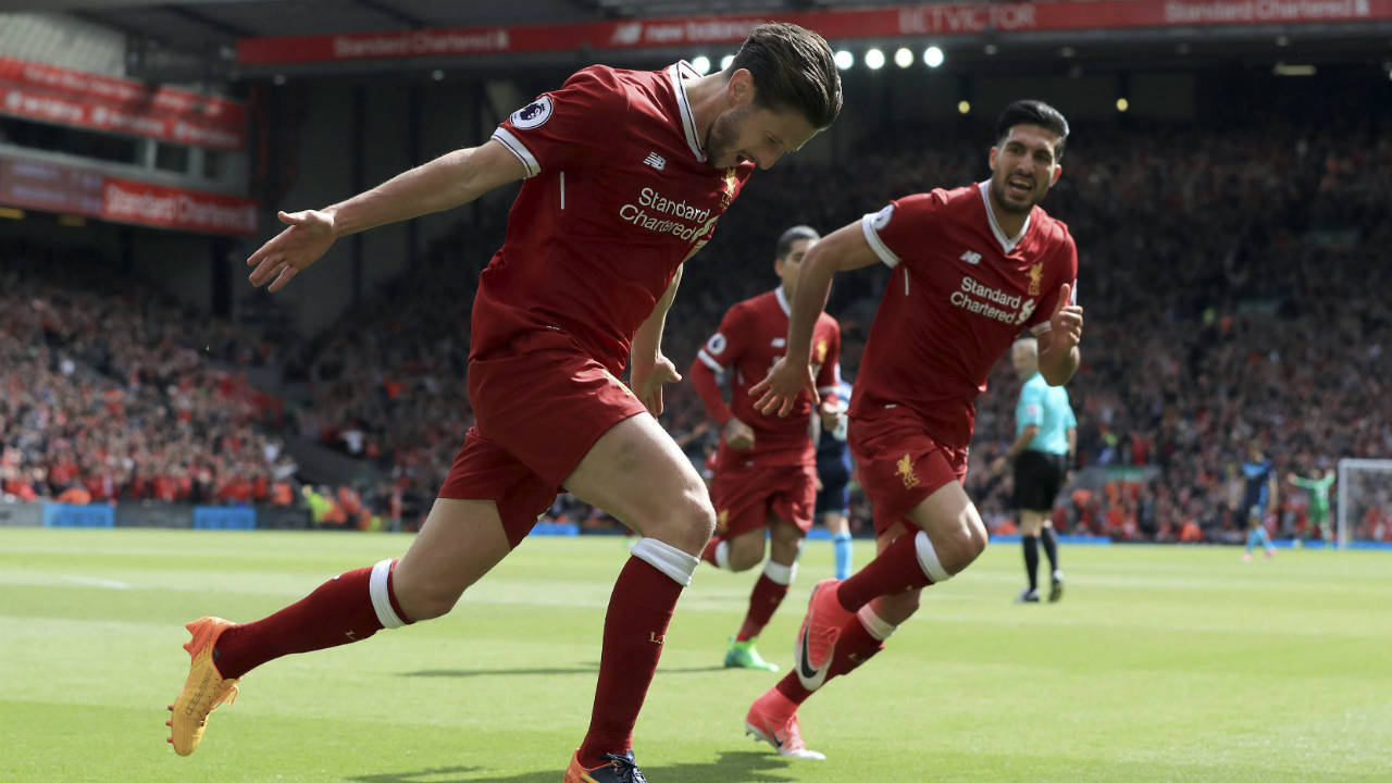 Liverpool's-Adam-Lallana-celebrates-scoring-against-Middlesbrough-during-the-English-Premier-League-soccer-match-at-Anfield,-Liverpool,-England,-Sunday-May-21,-2017.-(Peter-Byrne/PA-via-AP)