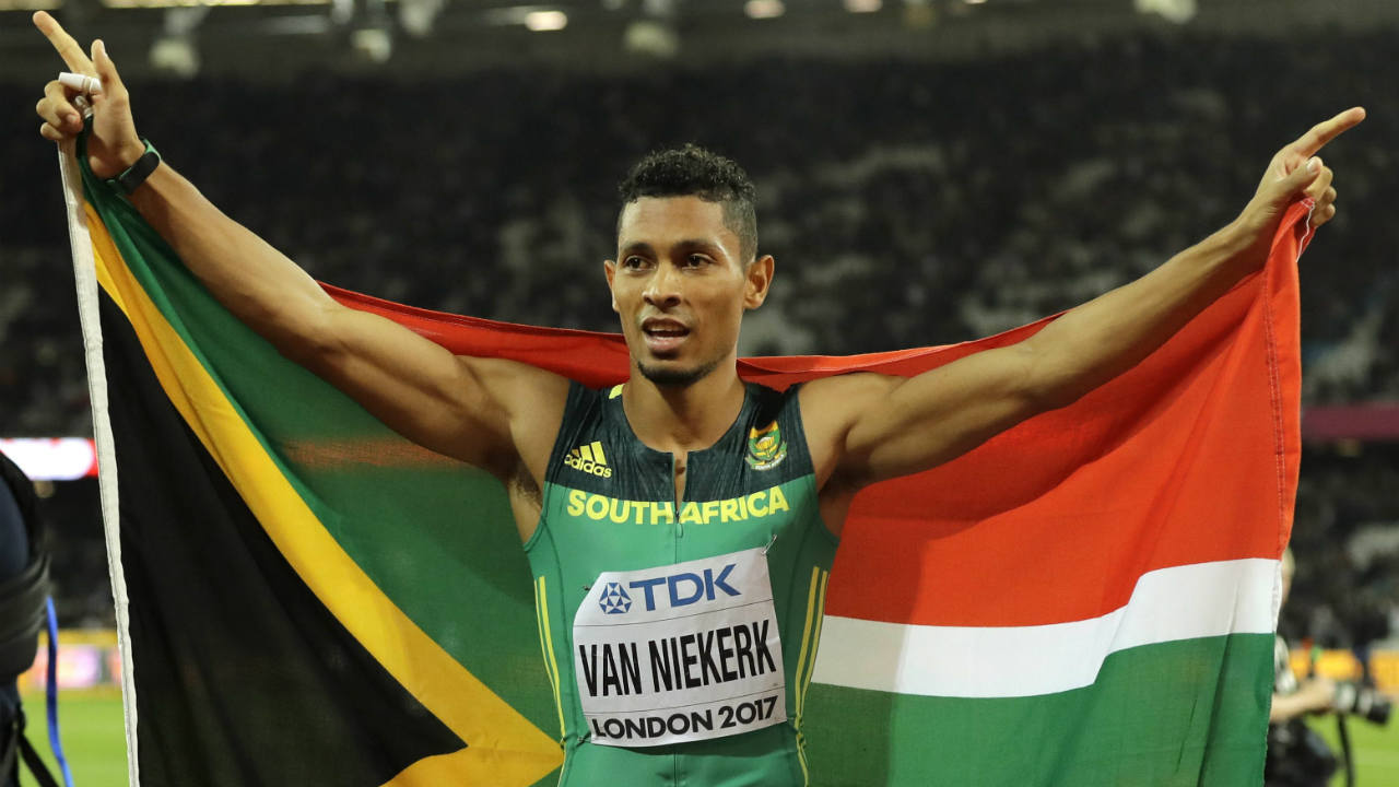 In-this-Thursday,-Aug.-10,-2017-file-photo,-South-Africa's-Wayde-van-Niekerk-celebrates-after-taking-the-silver-medal-in-the-Men's-200m-final-during-the-World-Athletics-Championships-in-London.-Wayde-van-Niekerk-will-be-out-for-6-9-months-and-was-due-to-have-surgery-in-the-United-States-on-Tuesday-Oct.-31,-2017-after-tearing-a-ligament-and-cartilage-in-his-right-knee-during-a-celebrity-tag-rugby-game.-(Tim-Ireland,-File/AP)