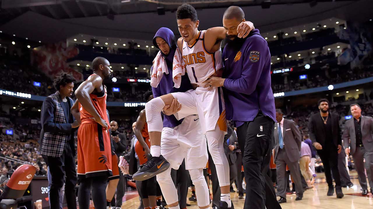 Suns Guard Devin Booker Leaves Game Vs. Raptors With Adductor Injury