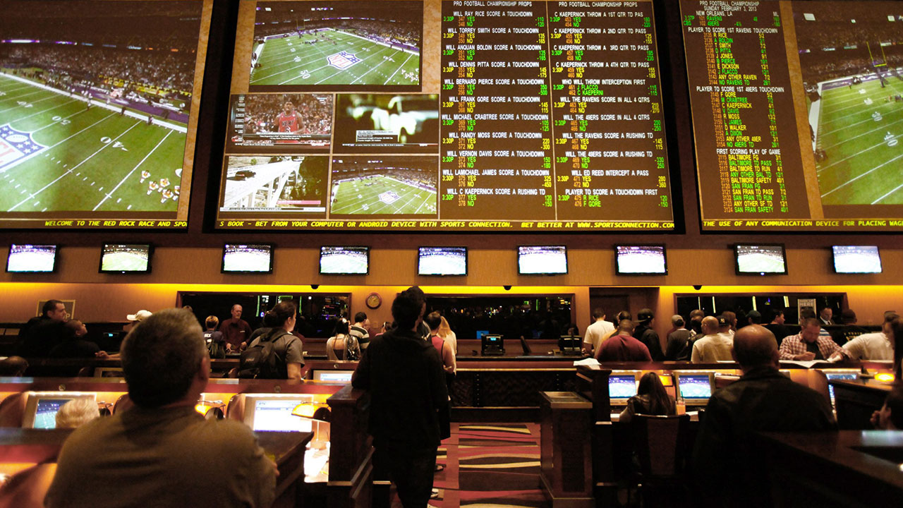 A view of prop bets being displayed above the crowd before the start of Super Bowl XLVII back in 2013 at Red Rock Resort in Las Vegas. (Chase Stevens/Las Vegas Review-Journal via AP)