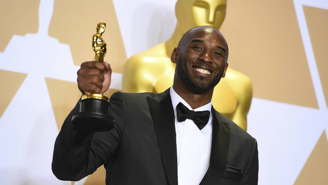 Kobe Bryant, winner of the award for best animated short for "Dear Basketball", poses in the press room at the Oscars on Sunday, March 4, 2018, at the Dolby Theatre in Los Angeles. (Photo by Jordan Strauss/Invision/AP)