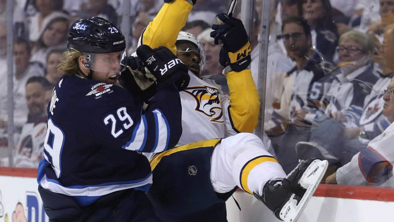 Winnipeg-Jets'-Patrik-Laine-(29)-hits-Nashville-Predators'-P.K.-Subban-(76)-during-second-period-NHL-hockey-playoff-action-in-Winnipeg-on-Tuesday-May-1,-2018.-(Trevor-Hagan/CP)