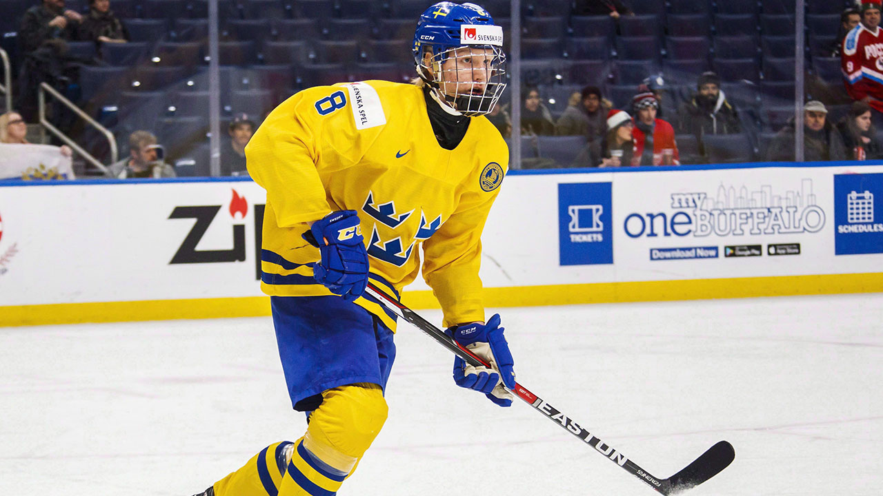 Sweden's-Rasmus-Dahlin-skates-during-first-period-IIHF-World-Junior-Championship-preliminary-hockey-action-against-Russia.