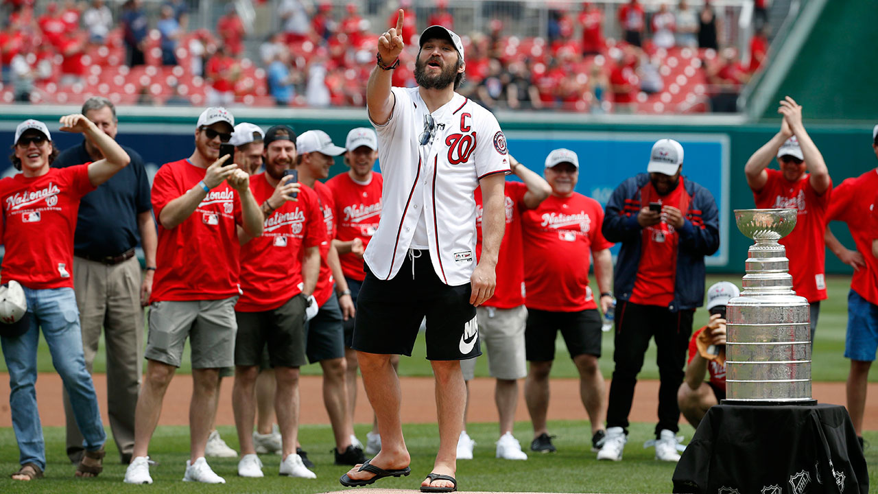 Alex Ovechkin receives mini trophies for winning Stanley Cup and