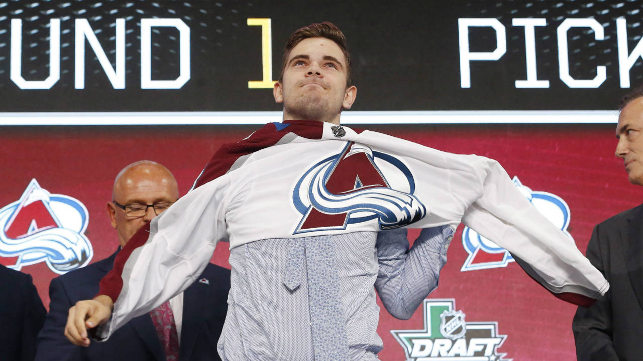 Martin-Kaut,-of-the-Czech-Republic,-puts-on-a-jersey-after-being-selected-by-the-Colorado-Avalanche-during-the-NHL-hockey-draft-in-Dallas,-Friday,-June-22,-2018.