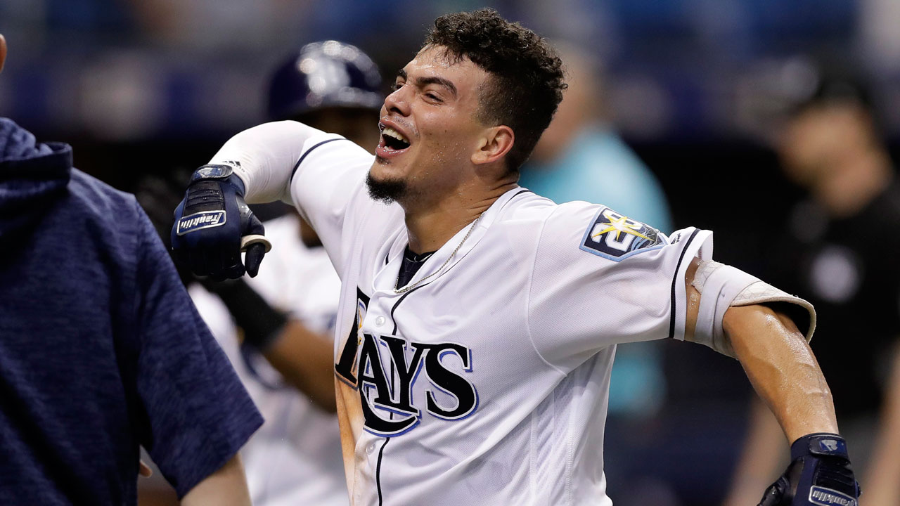 Tampa Bay Rays' Willy Adames (1) celebrates his solo home run