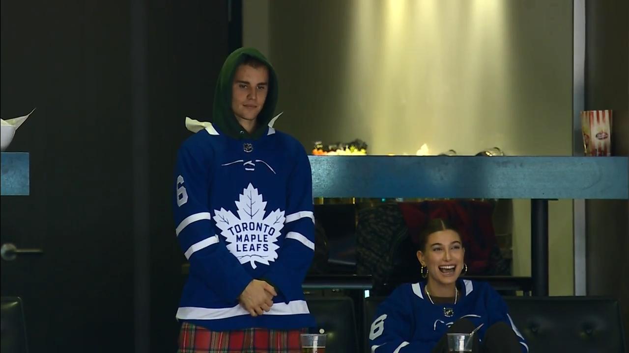 Justin and Hailey Bieber Wore Matching Jerseys at a Toronto Maple Leafs  Hockey Game