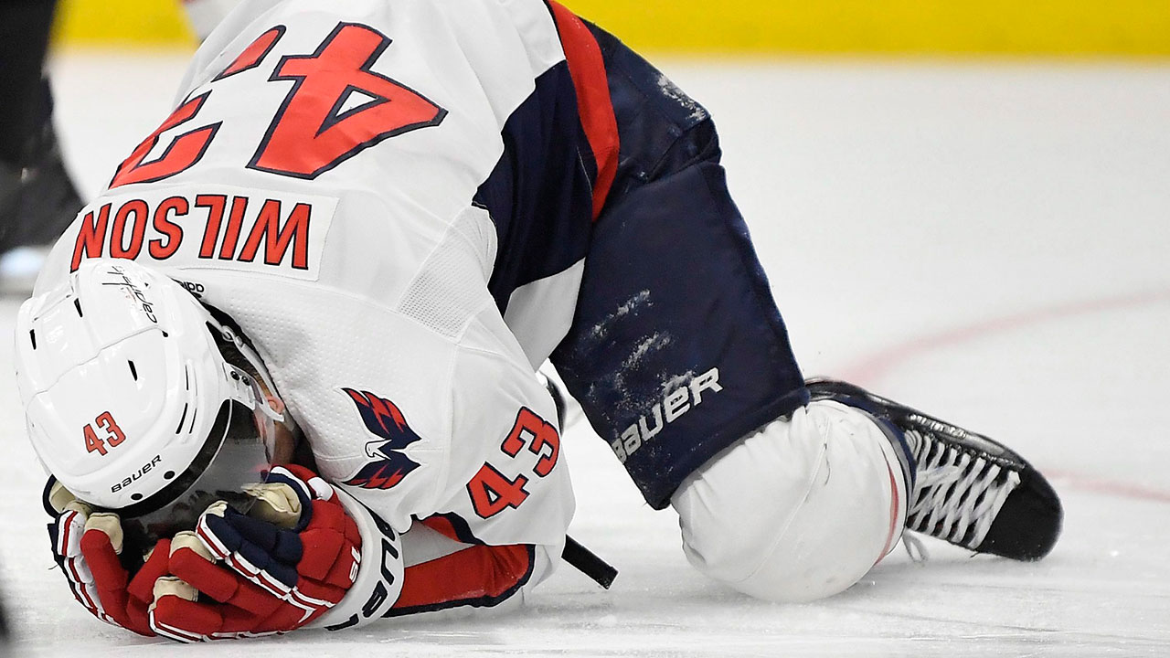 March 14, 2019: Washington Capitals right wing Tom Wilson (43) reacts to  getting hit as the trainer looks at him during the NHL game between the  Washington Capitals and Philadelphia Flyers at