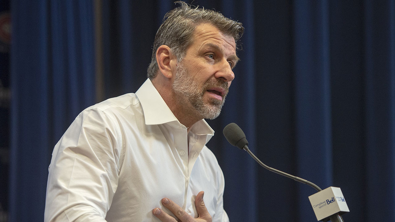 Montreal Canadiens general manager Marc Bergevin speaks to the media at the team's end of season availability Tuesday, April 9, 2019 in Brossard. (Ryan Remiorz/CP)