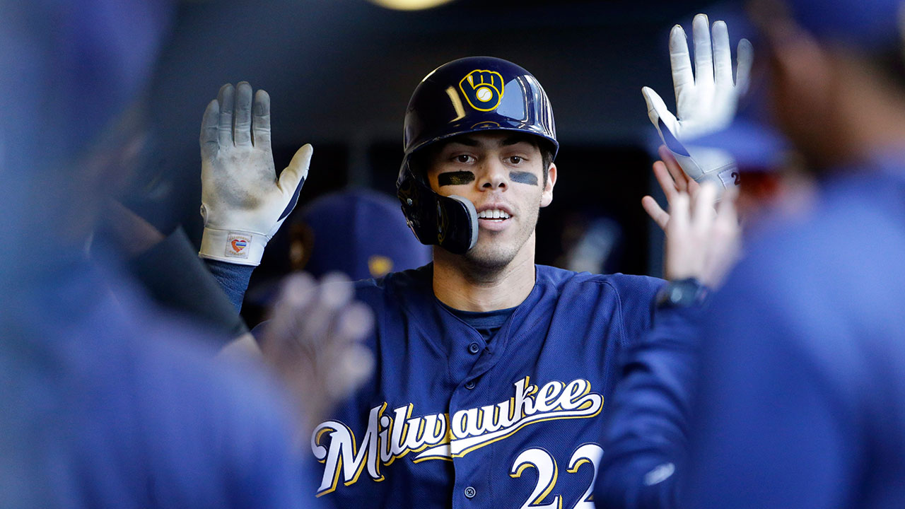 Christian Yelich of the Milwaukee Brewers warms up before a baseball