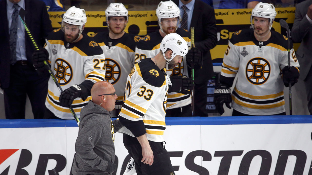 Chara dons a shield and hits the ice. Don't be sur