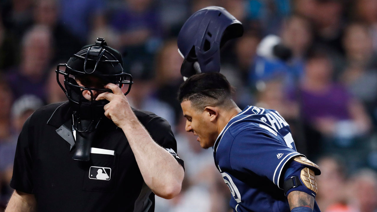 San Diego Padres' Manny Machado strikes out against the San