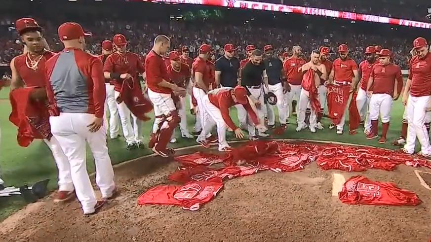 Los Angeles Angels teammates wear No. 45 jerseys in honor of Tyler Skaggs  during MLB All-Star game
