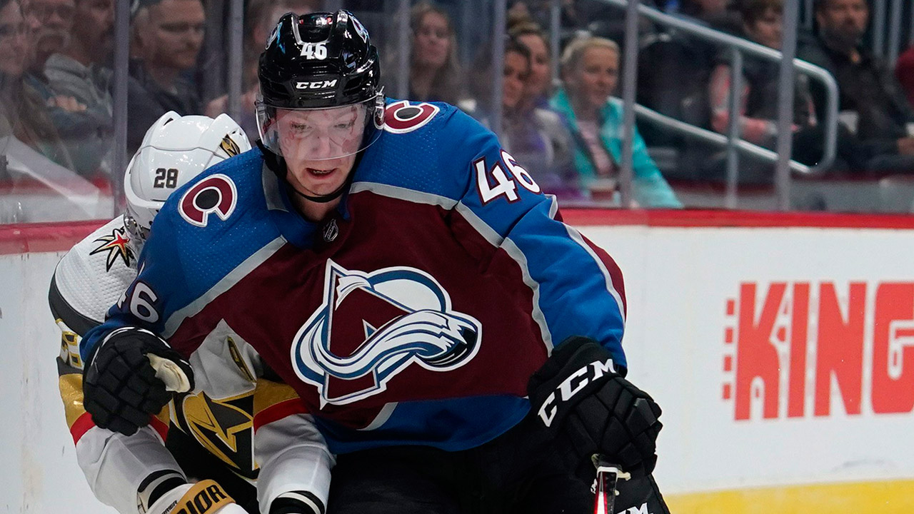 Colorado Avalanche defenceman Nicolas Meloche (46) edges out Vegas Golden Knights left wing William Carrier (28) during the second period of a pre-season game Tuesday, Sept. 17, 2019, in Denver. (Jack Dempsey/AP)