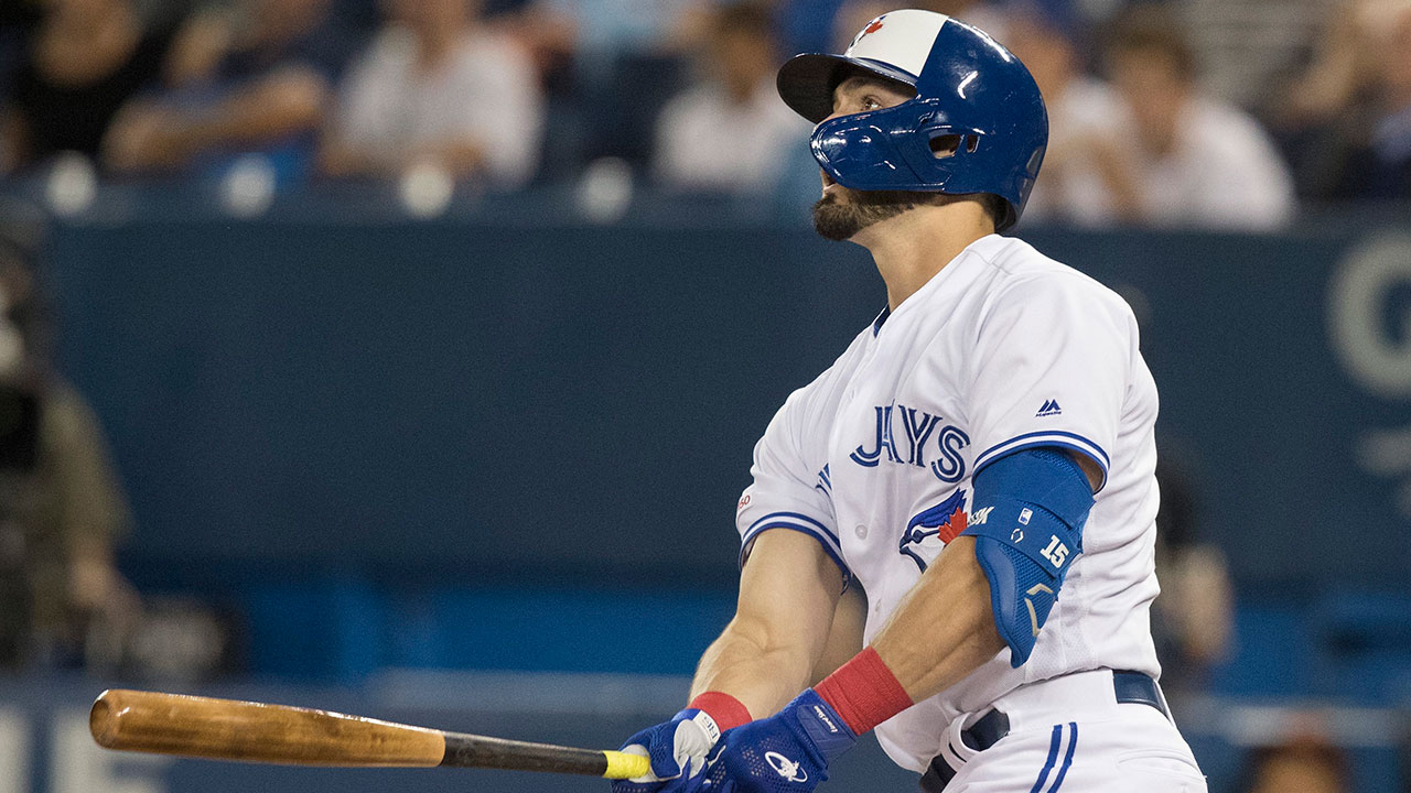 Toronto Blue Jays' Randal Grichuk reacts towards the Houston Astros' dugout  during a video replay of Grichuk being called safe at first during the  eighth inning of a baseball game against the