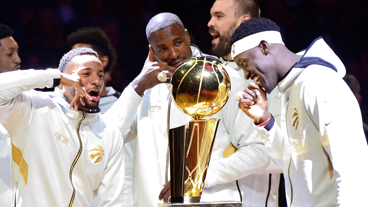 Custom suspended Raptors Larry O'Brien Trophy Case 