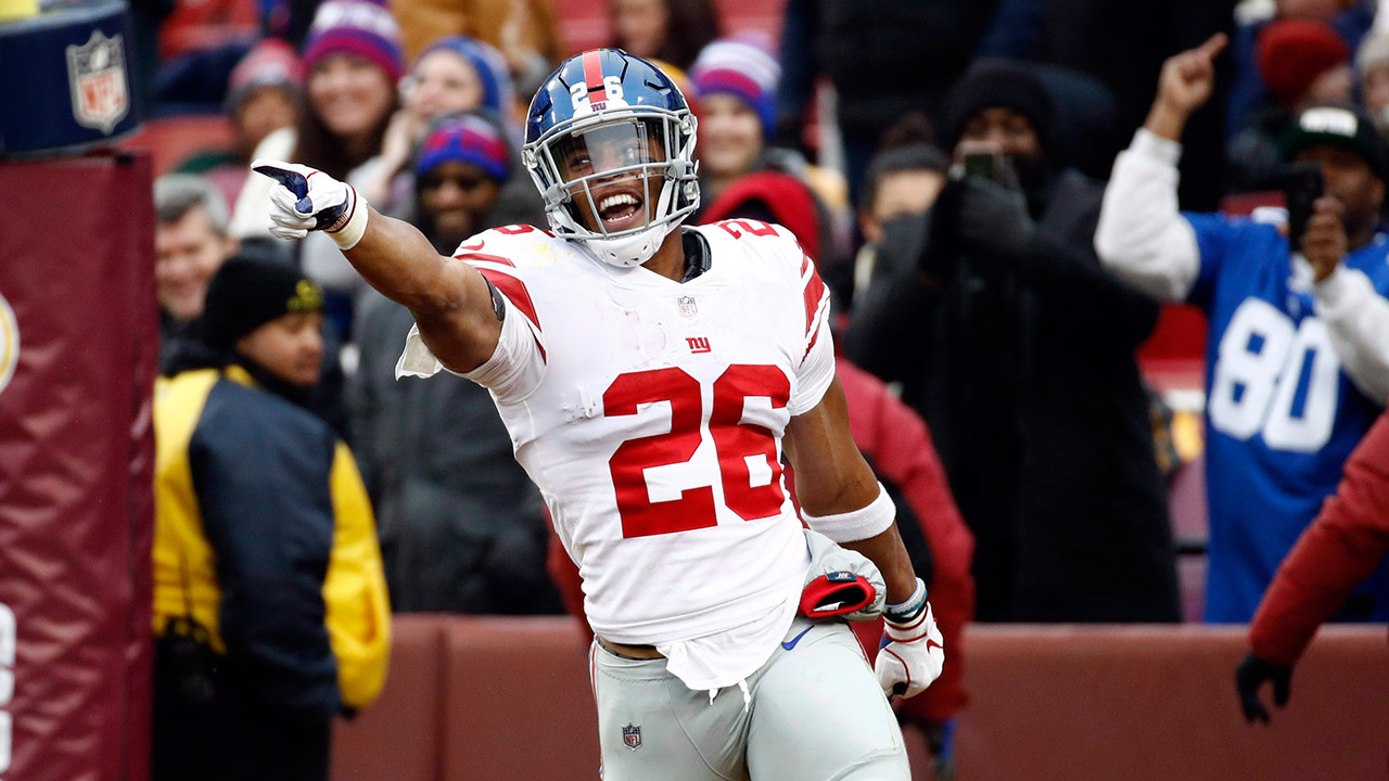 New York Giants running back Saquon Barkley (26) celebrates after