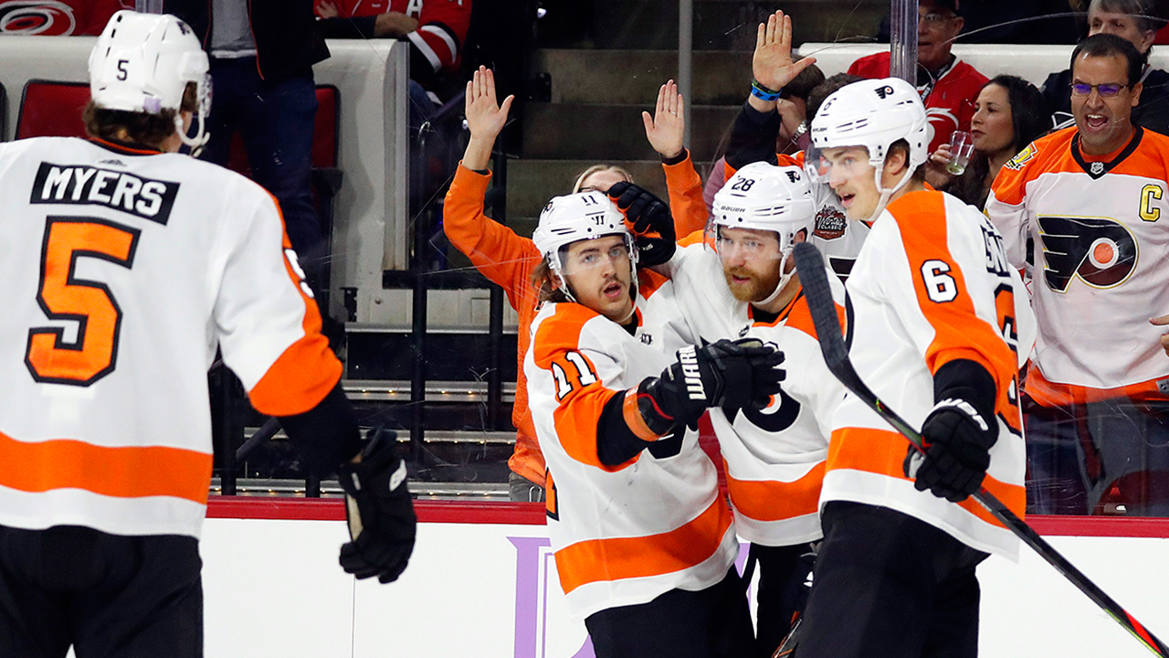 Philadelphia Flyers' Claude Giroux celebrates his 2nd period goal