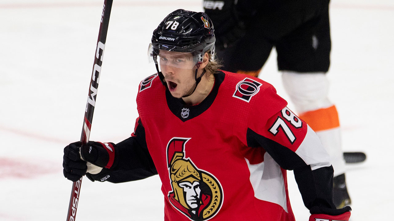 Ottawa Senators centre Filip Chlapik (78) reacts after scoring the eventual game winning goal during second period NHL action against the Philadelphia Flyers on Friday November 15, 2019 in Ottawa. (Adrian Wyld/CP)