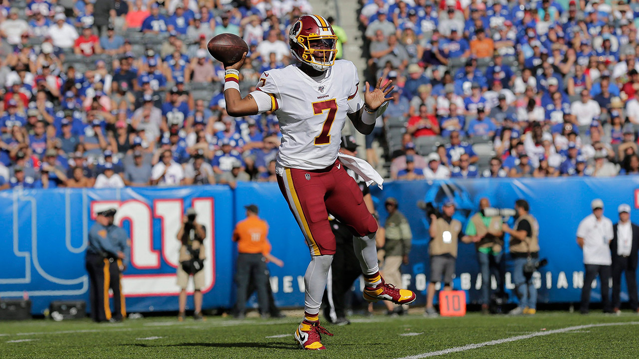 Washington Redskins' Adrian Peterson on the sidelines during the first half  of an NFL football game against the New York Giants, Sunday, Sept. 29,  2019, in East Rutherford, N.J. (AP Photo/Adam Hunger