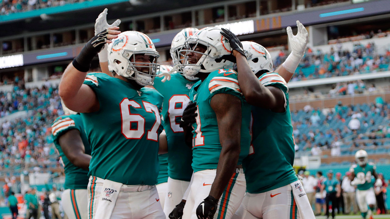 DeVante Parker of the Miami Dolphins makes a catch against the New