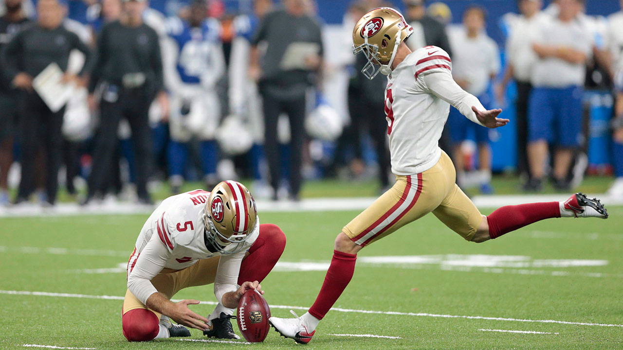 San Francisco 49ers kicker Robbie Gould (9) follows his kick