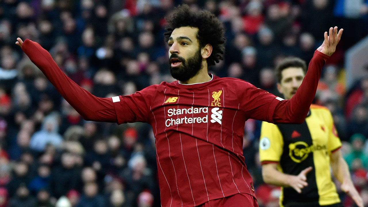 Liverpool's Mohamed Salah gestures during the English Premier League soccer match between Liverpool and Watford. (Rui Vieira/AP)