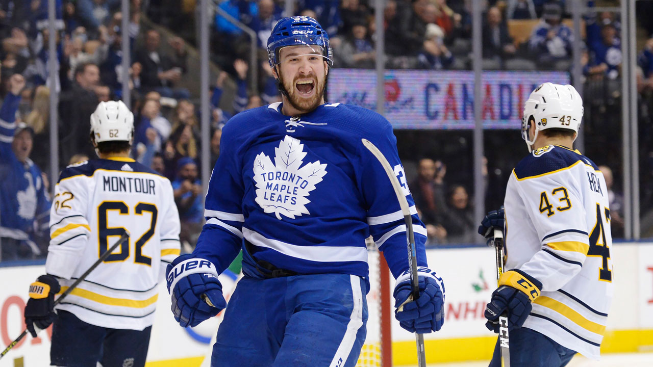 Toronto Maple Leafs centre Frederik Gauthier (33) celebrates his goal against the Buffalo Sabres during first period NHL hockey action in Toronto on Tuesday, December 17, 2019. (Nathan Denette/CP)