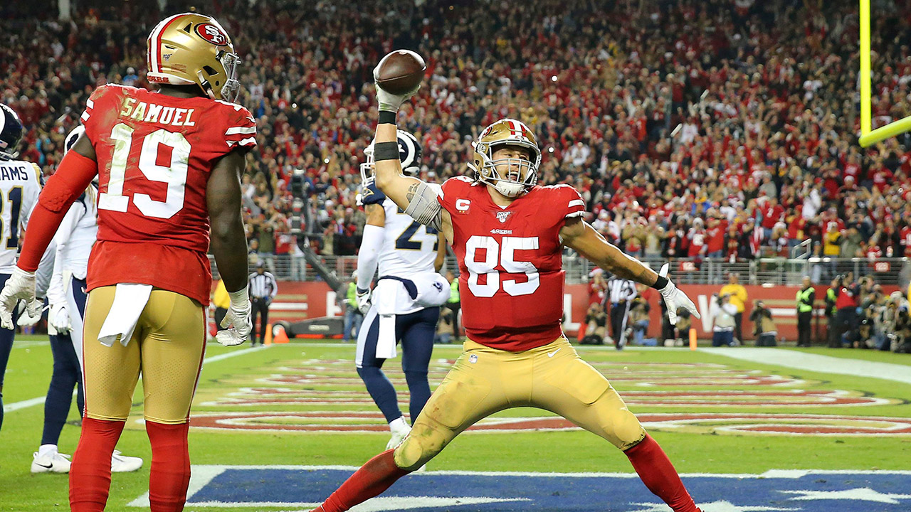 San Francisco 49ers TE George Kittle (85) celebrates an eight yard