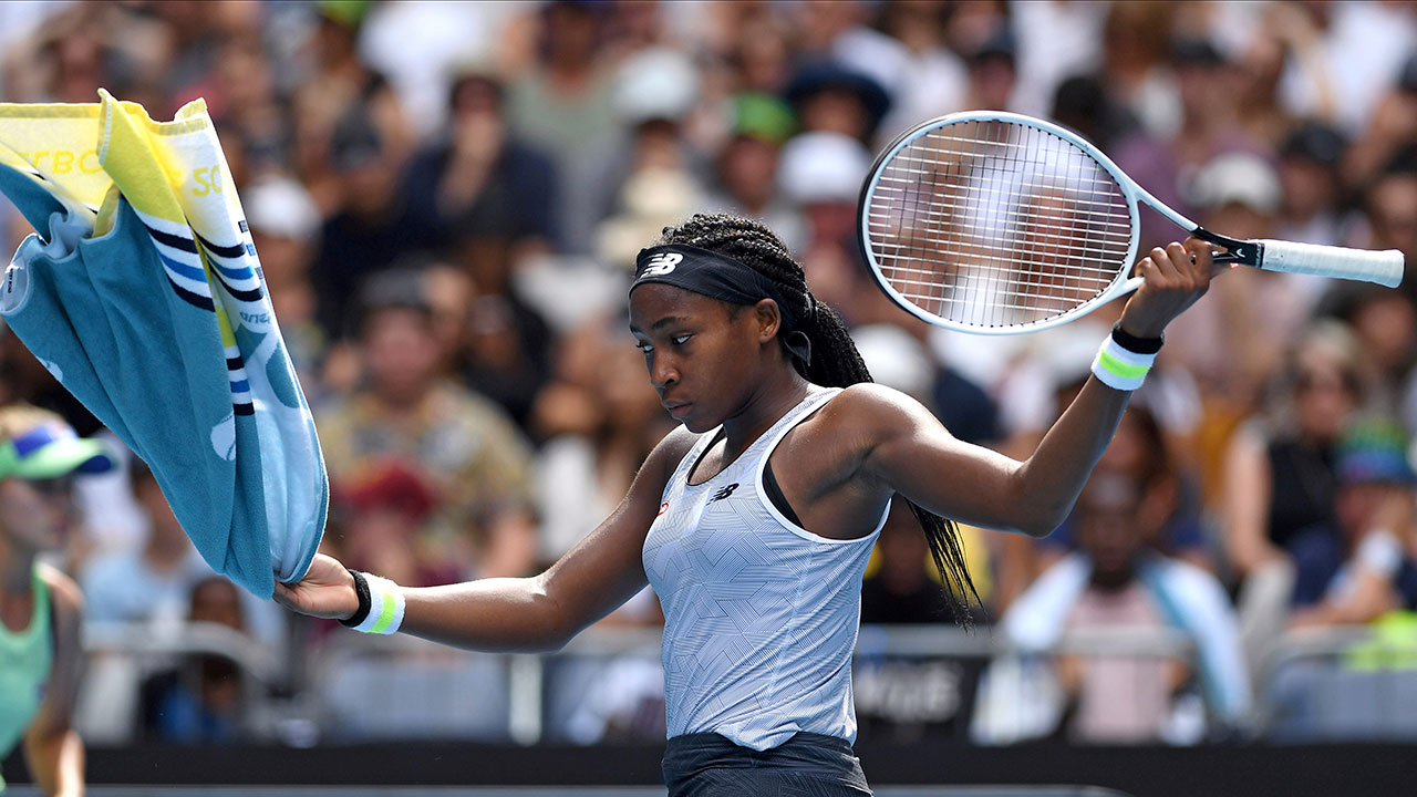 Coco Gauff of the U.S. reacts after losing a point to compatriot Sofia Kenin during their fourth round singles match at the Australian Open tennis championship. (Andy Brownbill/AP)