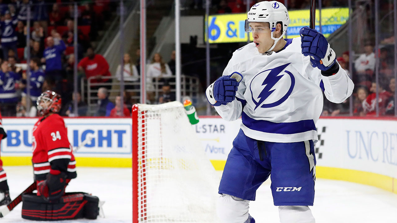 Tampa Bay Lightning centre Mitchell Stephens (67) celebrates his goal agaonst Carolina Hurricanes goaltender Petr Mrazek (34), of the Czech Republic, during the first period of an NHL hockey game in Raleigh, N.C., Sunday, Jan. 5, 2020. (Gerry Broome / AP)