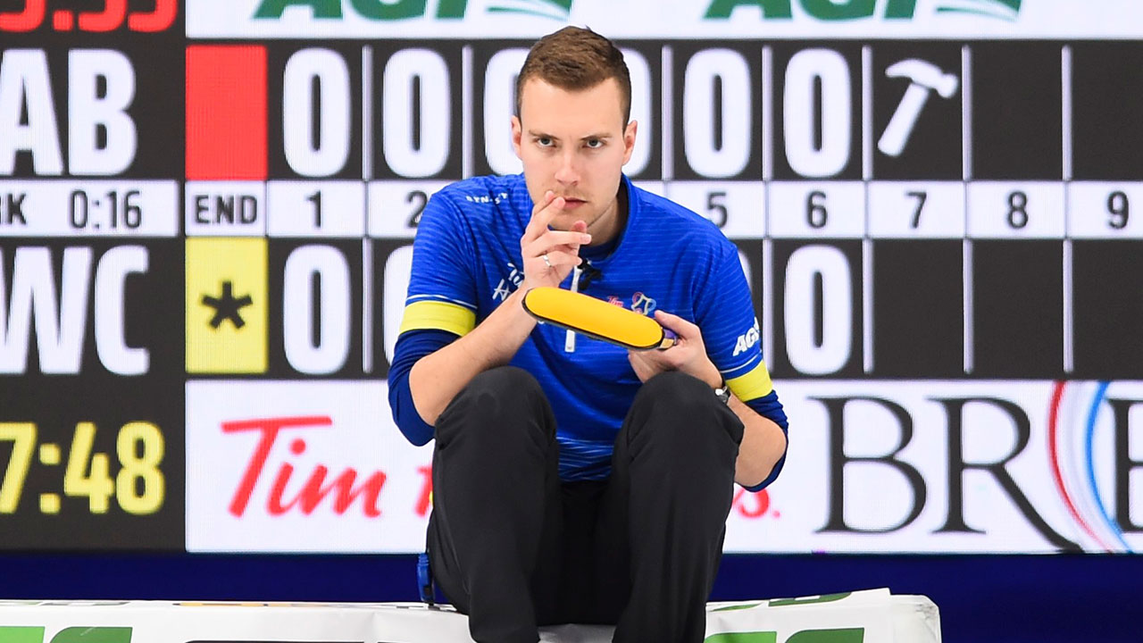 Team Alberta skip Brendan Bottcher visualizes his delivery as he takes on Team Wild Card during the championship round at the Brier in Kingston, Ont., on Friday, March 6, 2020. (Sean Kilpatrick/CP)