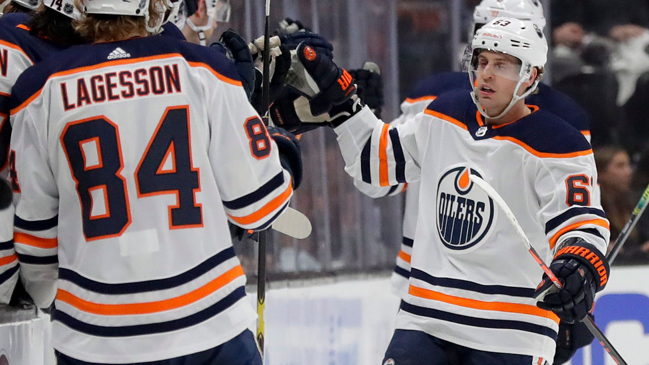 Edmonton Oilers centre Tyler Ennis celebrates after scoring during the second period of an NHL hockey game in Anaheim, Calif., Tuesday, Feb. 25, 2020. (Chris Carlson/AP)