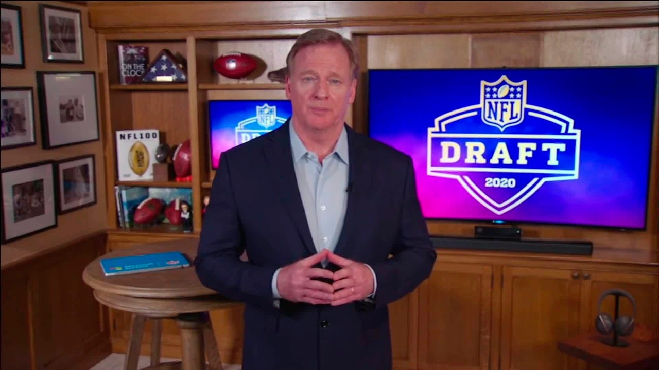 In this still image from video provided by the NFL, NFL Commissioner Roger Goodell speaks from his home in Bronxville, N.Y., during the 2020 draft. (NFL via AP)